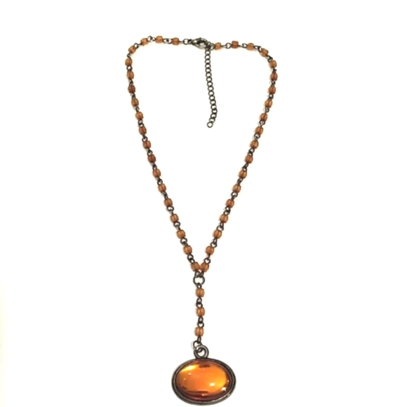 VINTAGE FAUX GLASS AMBER PENDANT BEADED CHAIN Y-SHAPED LARIAT 14-17" NECKLACE - Picture 6 of 9